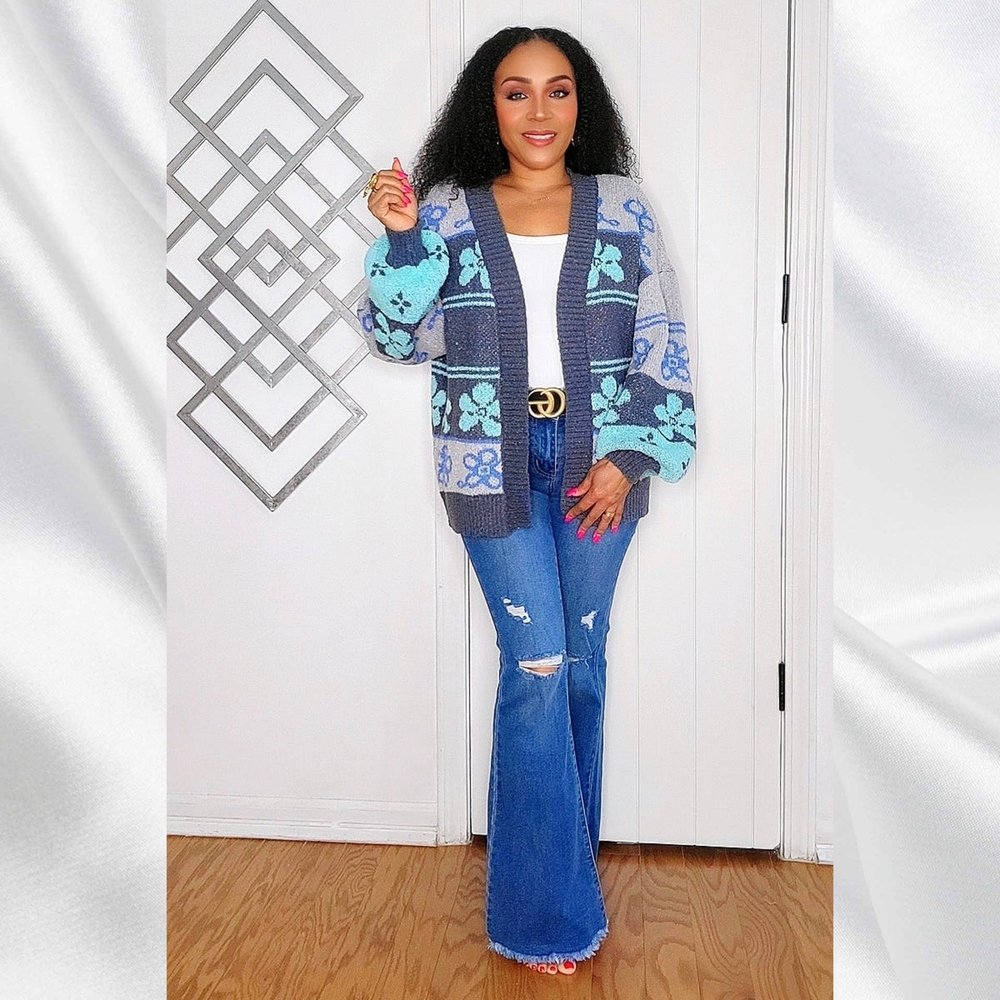 Blue and Gray Patterned Cardigan